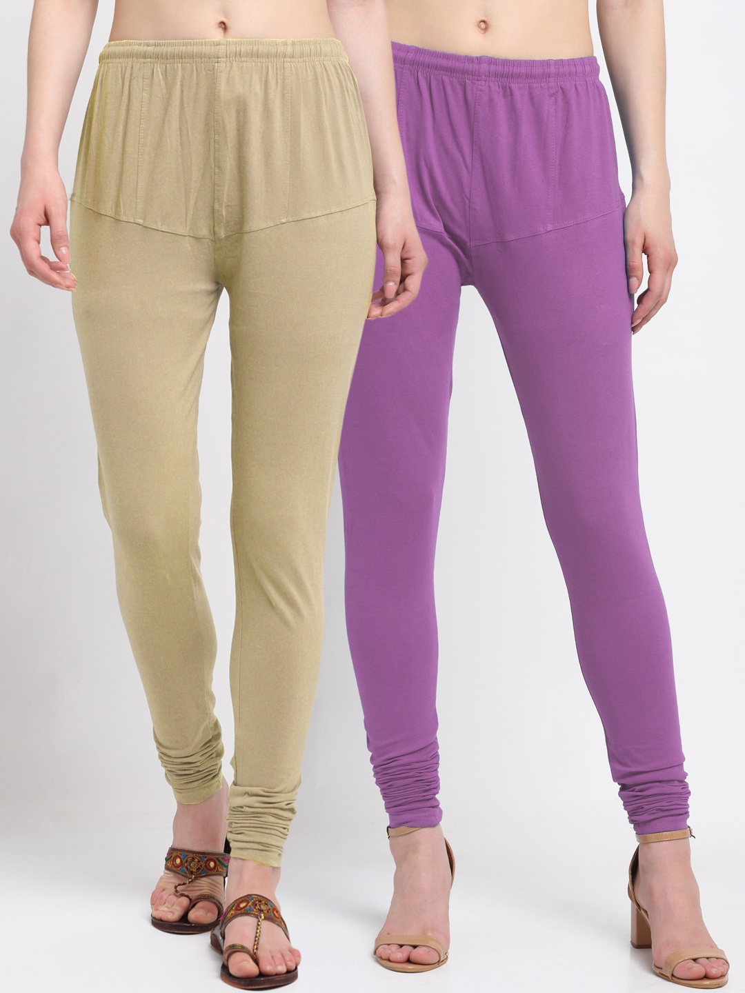 

KLOTTHE Women Pack Of 2 Beige & Lavender-Coloured Solid Churidar-Length Cotton Leggings