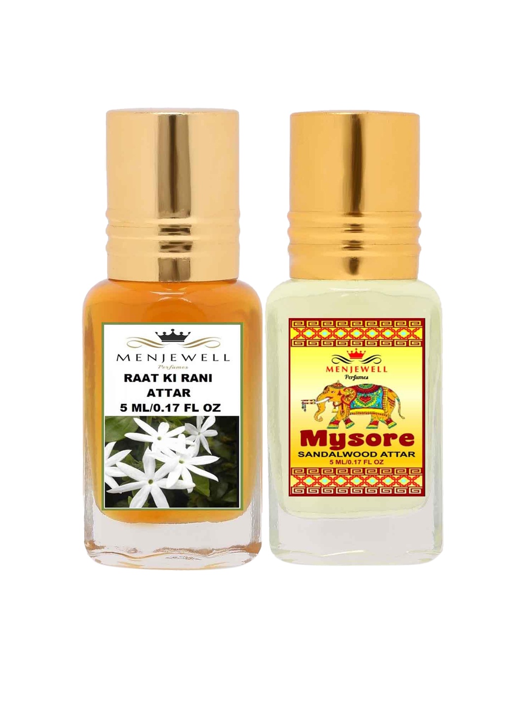 

Menjewell Set of 2 Raat Ki Rani & Mysore Sandalwood Attar - 5 ml each, Yellow
