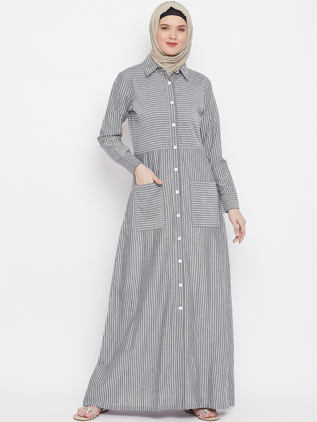 

MOMIN LIBAS Grey & White Striped Shirt Collard Abaya Burqa