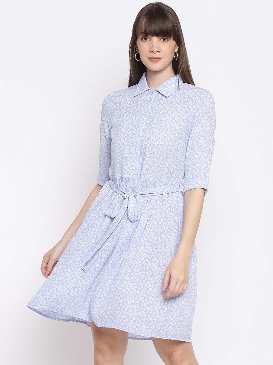 

sandy AND ritz Women Blue Ditsy Floral Shirt Collar A-Line Dress