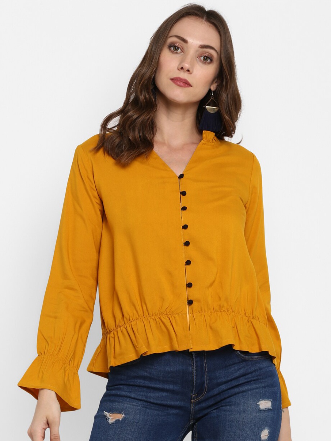 

DEEBACO Mustard Yellow Mandarin Collar Bell Sleeve Blouson Top