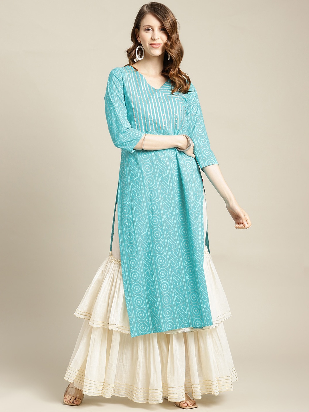 

Varanga Women Turquoise Blue & White Bandhani Printed Cotton Kurta