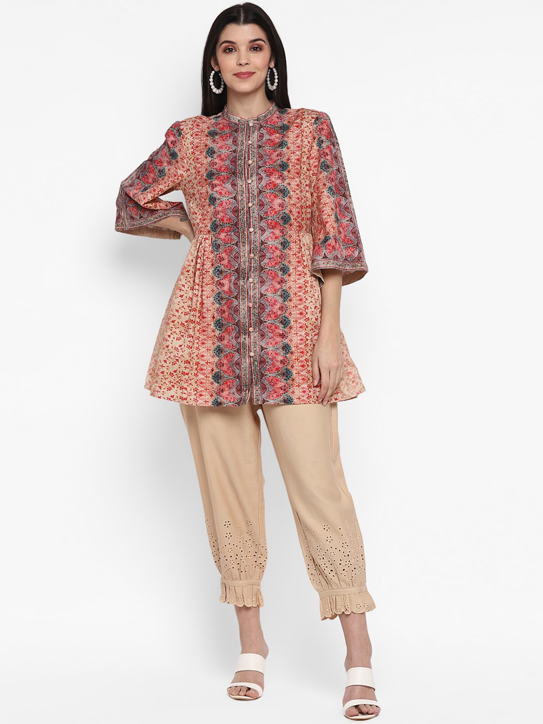

BLANC9 Women Multicoloured Ethnic Motifs Printed Pleated Pure Cotton Kurta with Trousers, Multi
