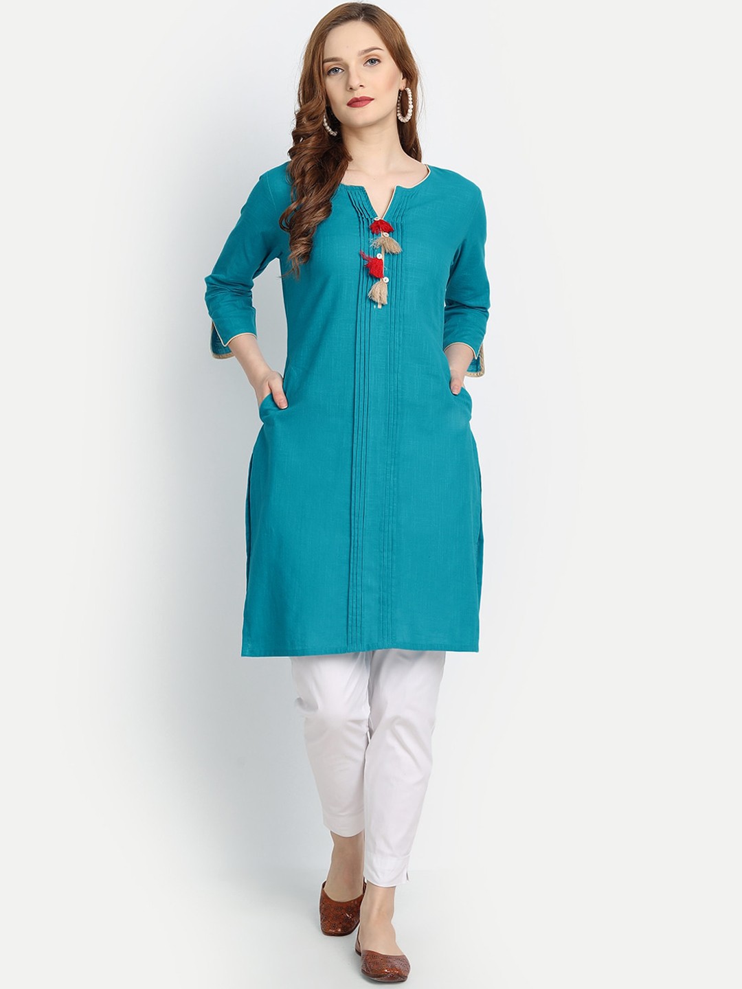 

fabGLOBAL Women Turquoise Blue Handloom Kurta