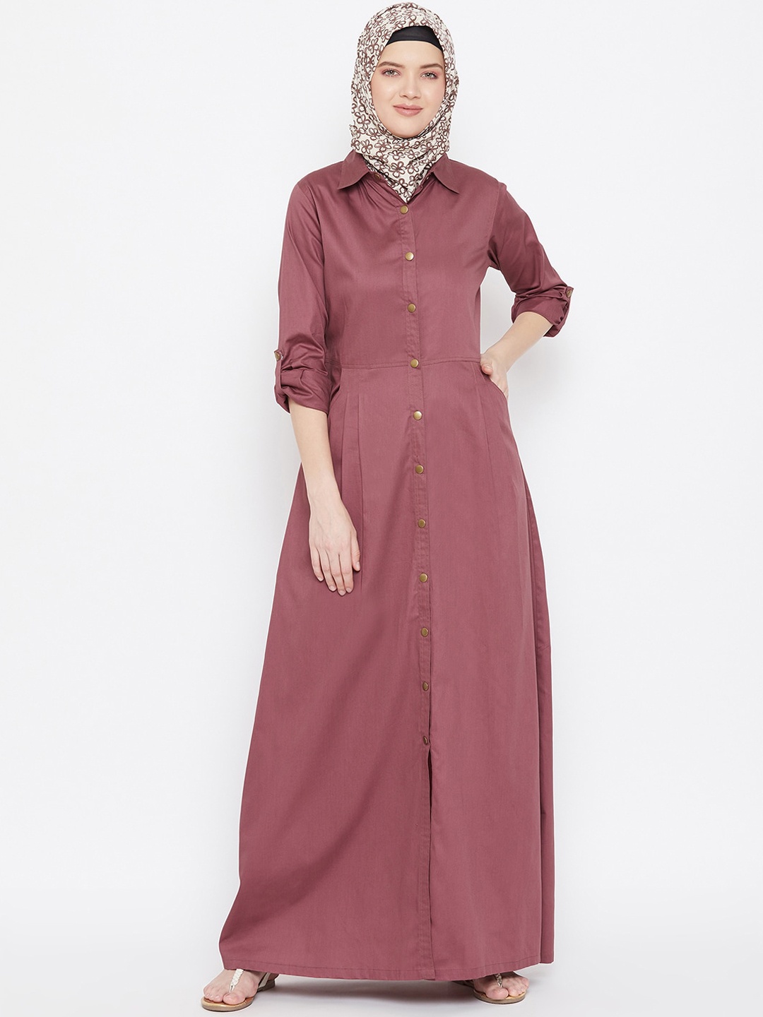 

MOMIN LIBAS Women Maroon Twill Front Open Abaya Burqa