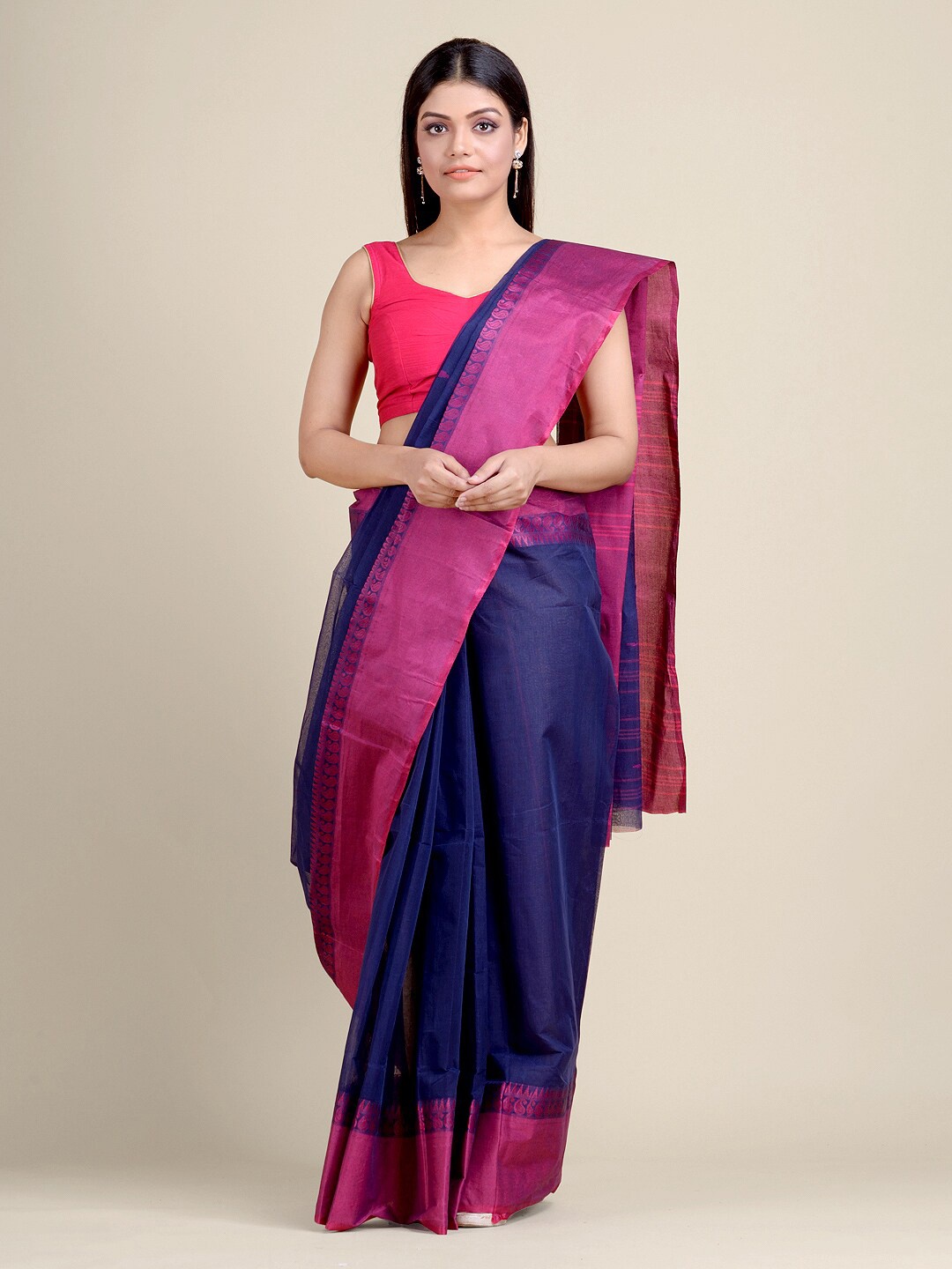

Charukriti Navy Blue & Pink Pure Cotton Hand Woven Taant Saree