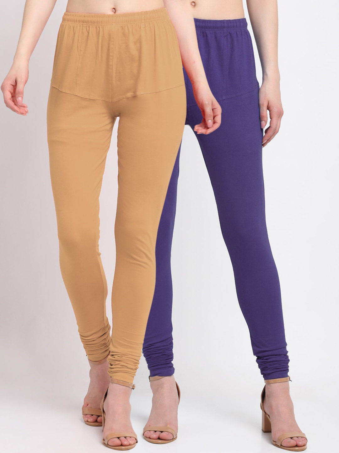 KLOTTHE Women Pack Of 2 Purple & Beige Solid Cotton Churidar-Length Leggings