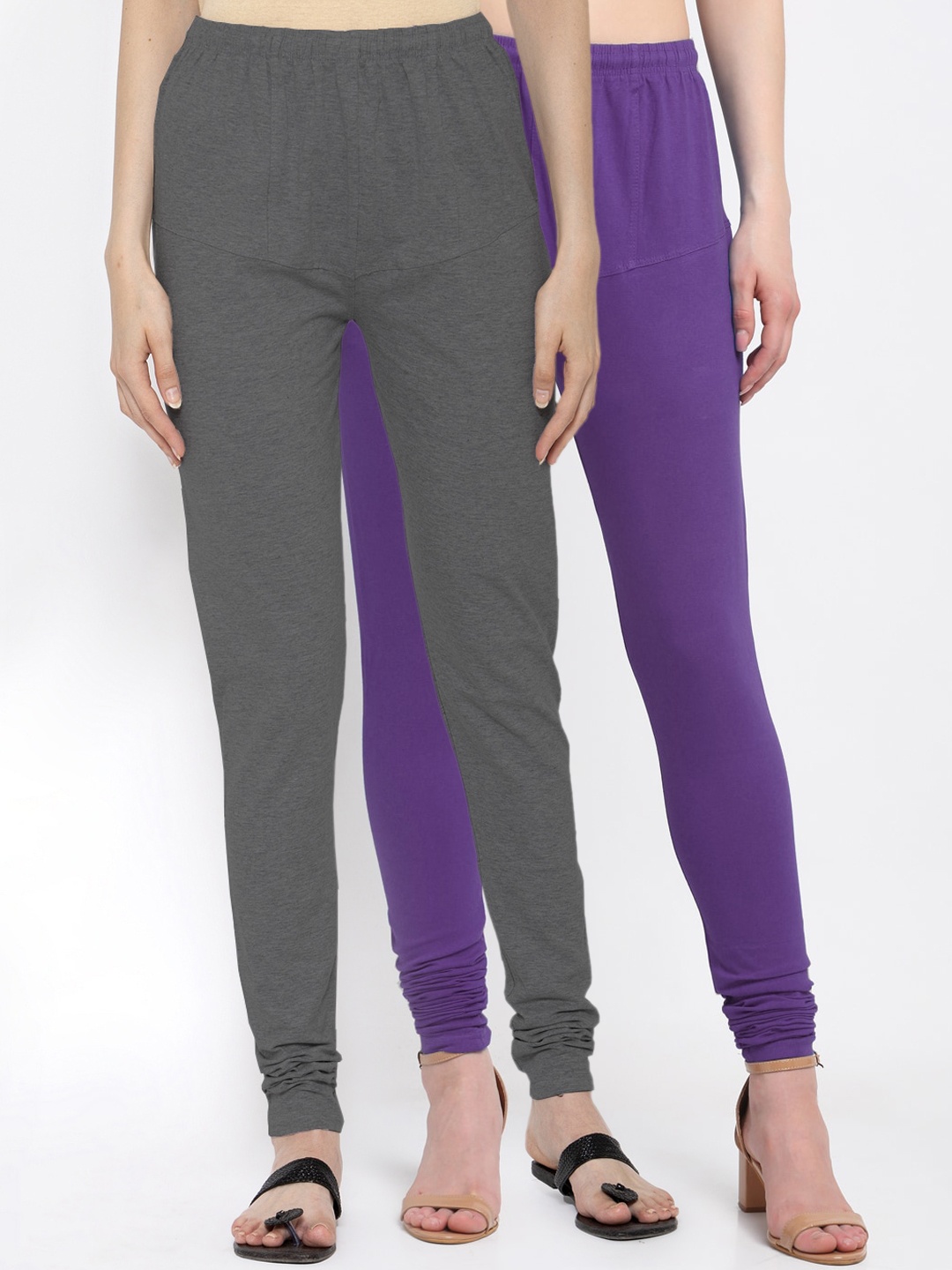 

KLOTTHE Women Pack Of 2 Solid Cotton Churidar-Length Leggings, Purple