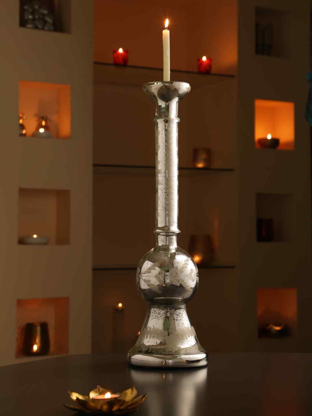 

Amoliconcepts Silver-Toned & Brown Flower Cut Glass Candle Holder