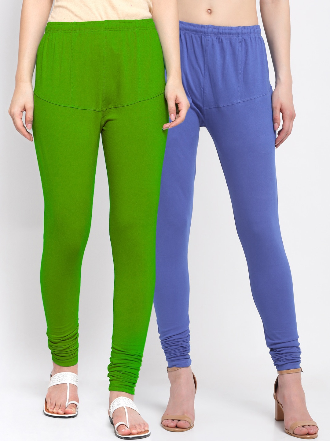 

KLOTTHE Women Pack Of 2 Blue & Green Solid Cotton Churidar-Length Leggings
