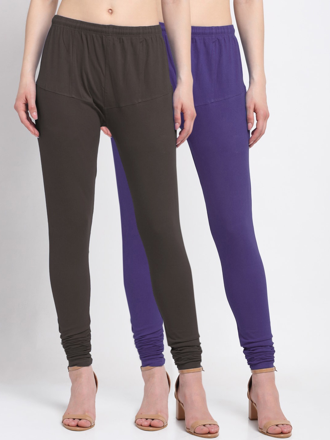 

KLOTTHE Women Pack Of 2 Blue & Brown Solid Churidar-Length Cotton Leggings