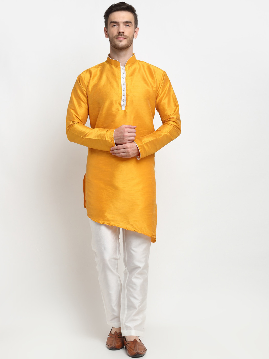 

Benstoke Men Yellow Dupion Silk Kurta with Pyjamas