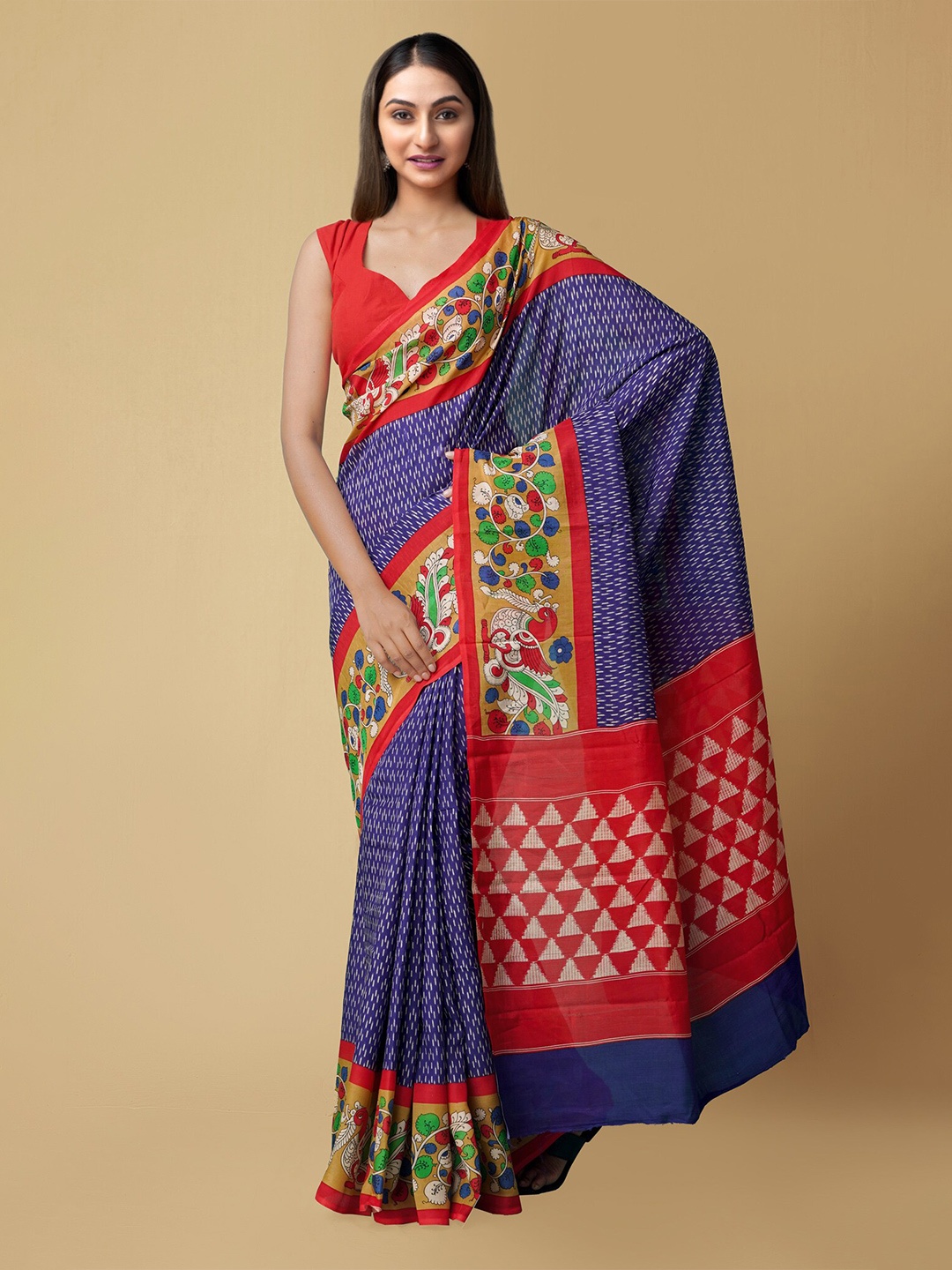 

Unnati Silks Blue & Red Kalamkari Art Silk Pochampally Saree
