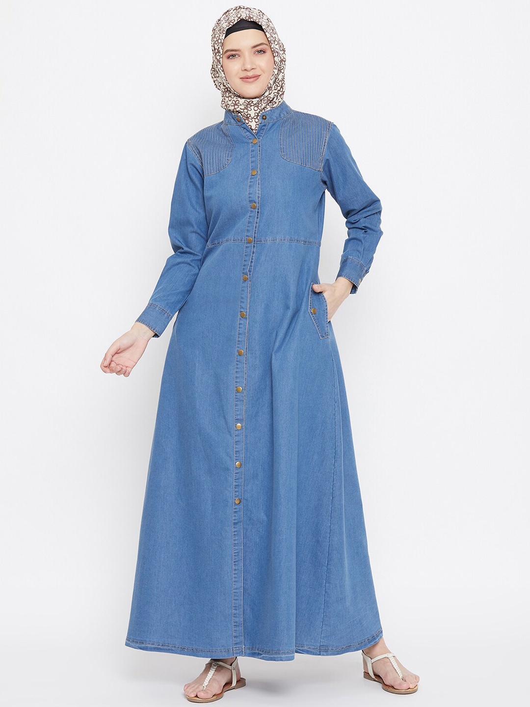 

MOMIN LIBAS Blue Denim Front Open Abaya Burqa