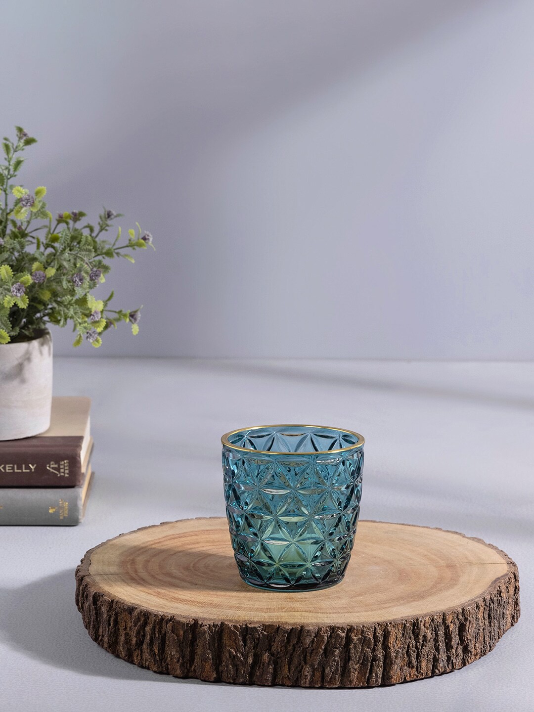 

Pure Home and Living Set Of 6 Blue & Gold-Toned Textured Glass Candle Holders