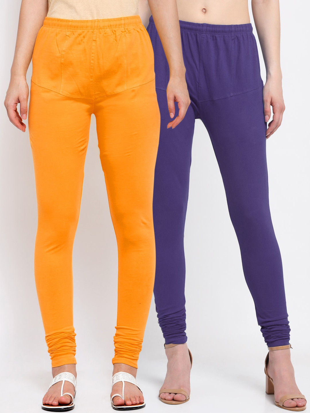 

KLOTTHE Women Pack Of 2 Blue & Orange Solid Churidar-Length Cotton Leggings