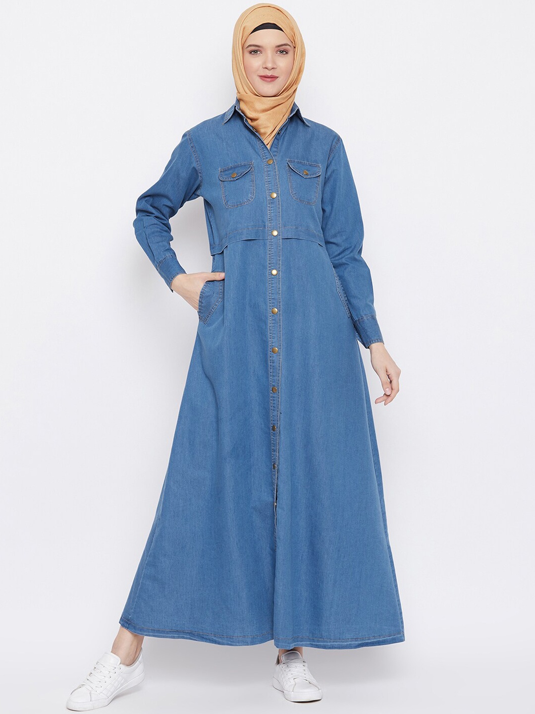 

Momin Libas Blue Denim Stylish Women Front Open Burqa