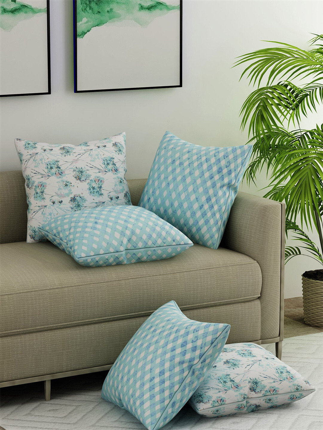 

Salona Bichona Blue & White Set of 5 Abstract Satin Square Cushion Covers