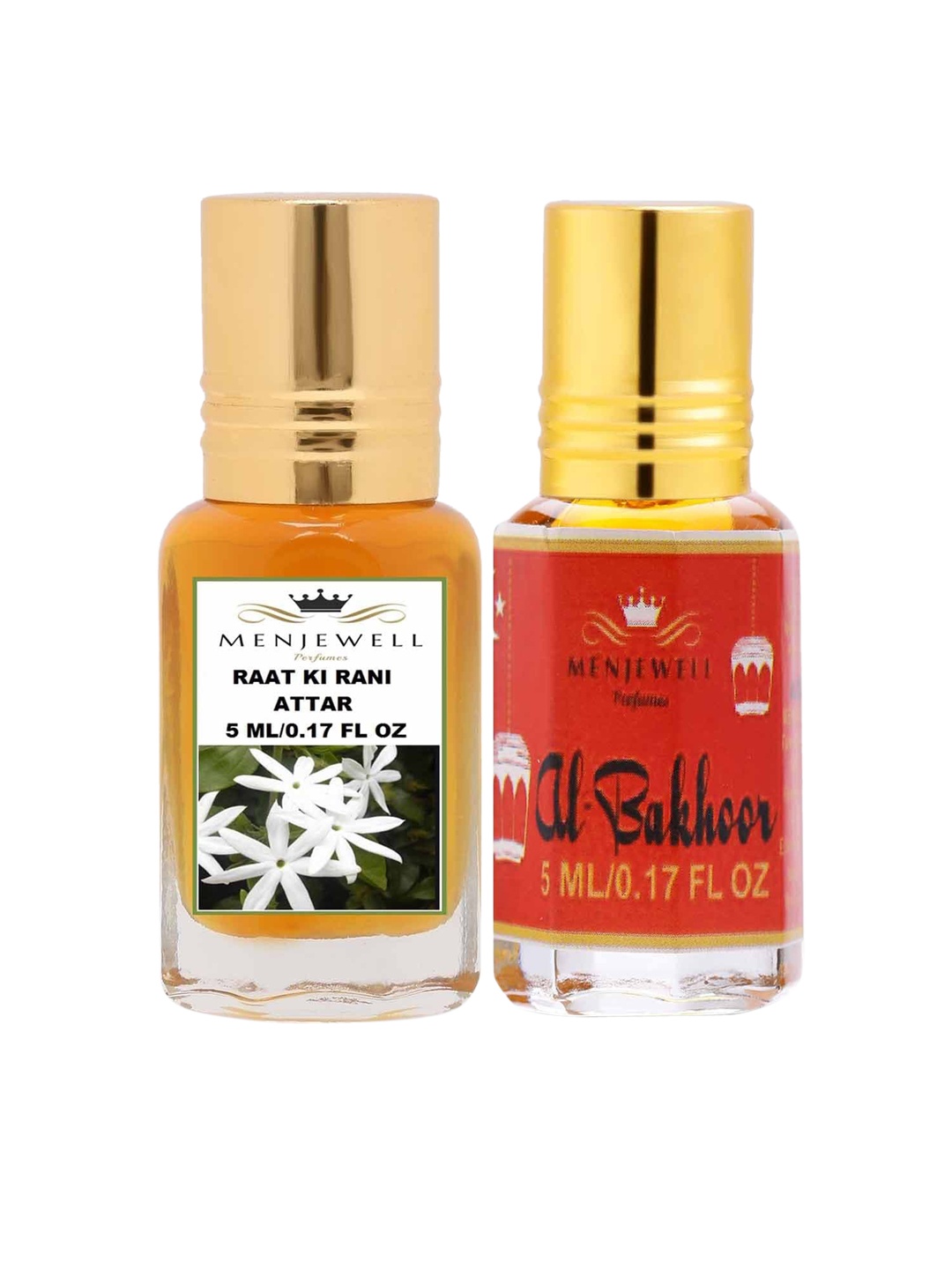 

Menjewell Set of 2 Raat Ki Rani & alBhakoor Attar - 5 ml each, Transparent