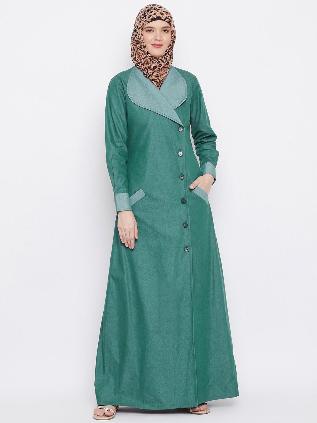

MOMIN LIBAS Women Green Solid Front Open Abaya Burqa