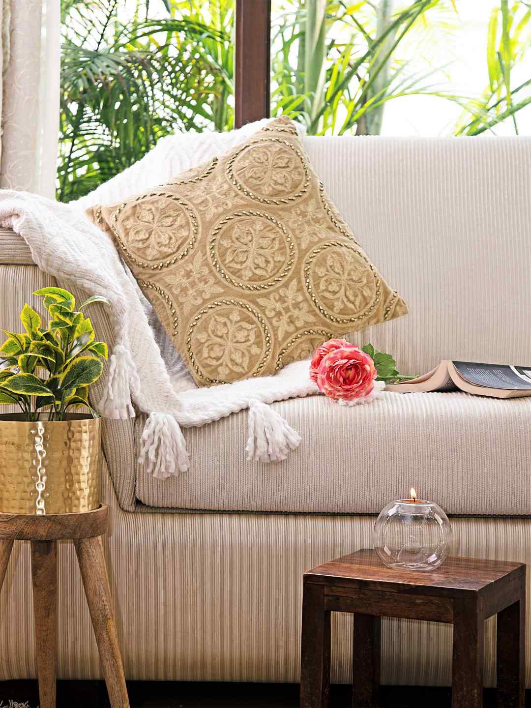 

Amoliconcepts Beige Embroidered Velvet Square Cushion Covers