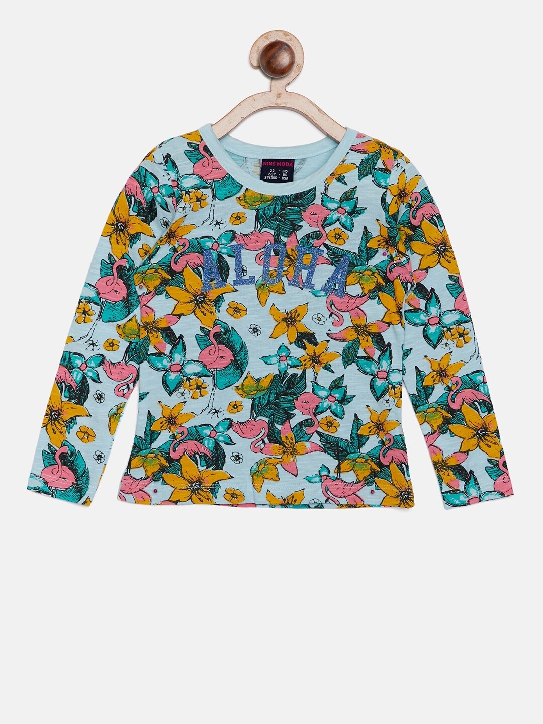 

Nins Moda Girls Blue Floral Printed Regular T-shirt