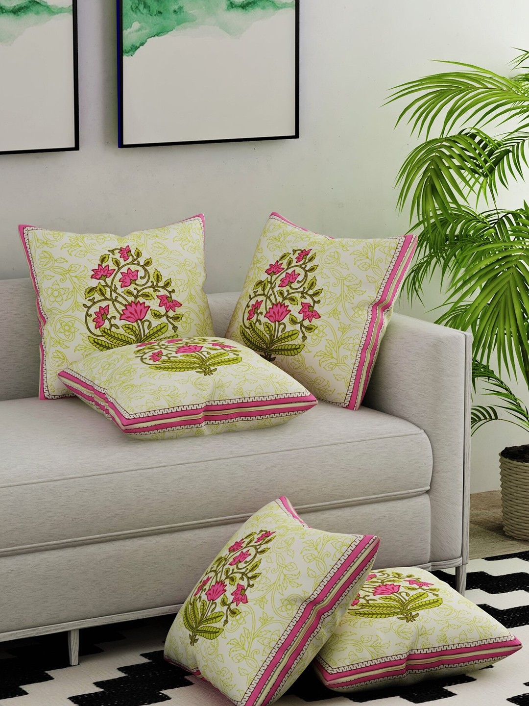 

Salona Bichona Yellow & Pink Set of 5 Ethnic Motifs Square Cushion Covers