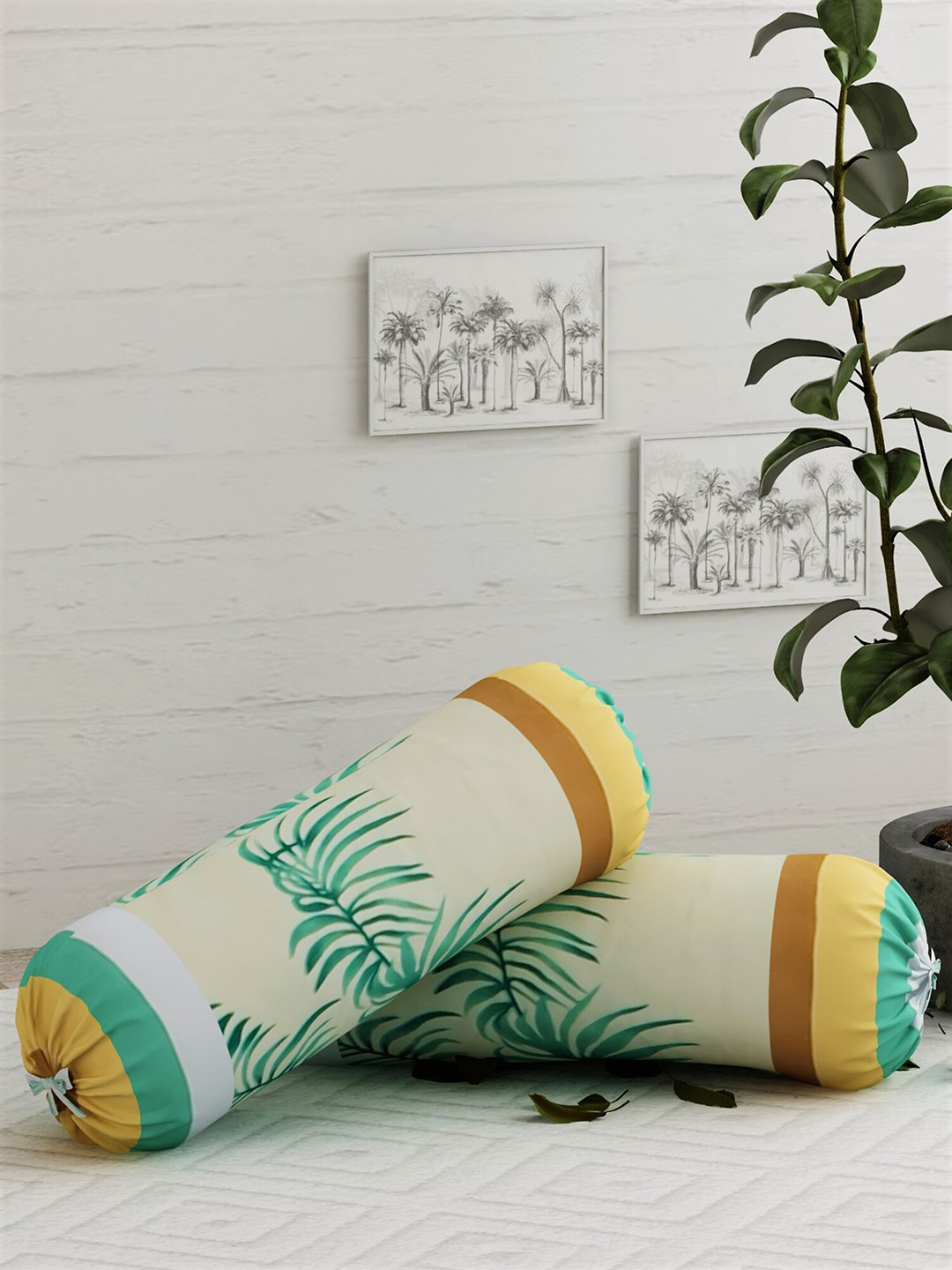 

Salona Bichona Set Of 2 Cream-Coloured & Sea Green Floral Printed Pure Cotton 144 TC Bolster Covers