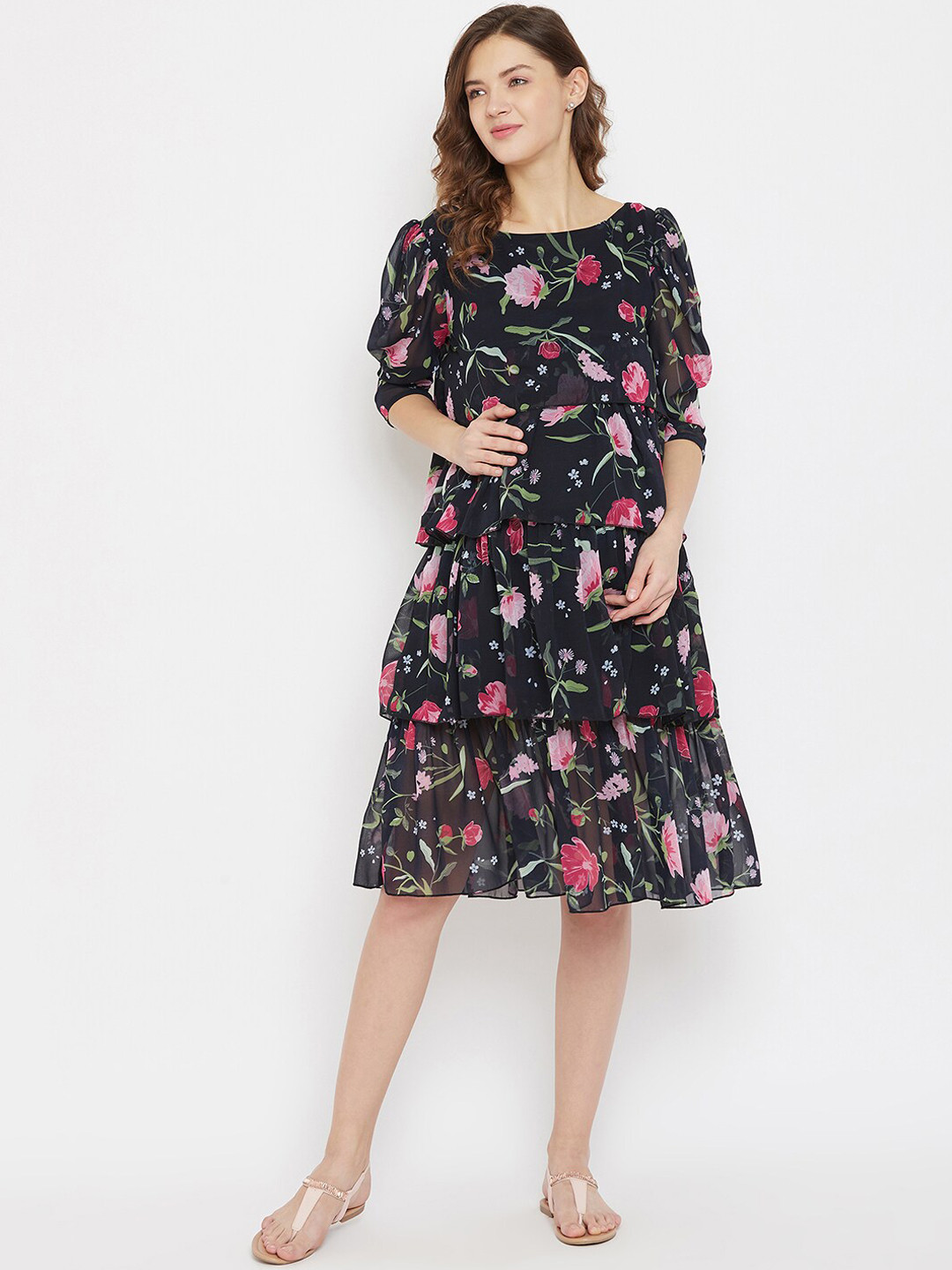 

The Kaftan Company Women Black Floral Layered Georgette Maternity Dress