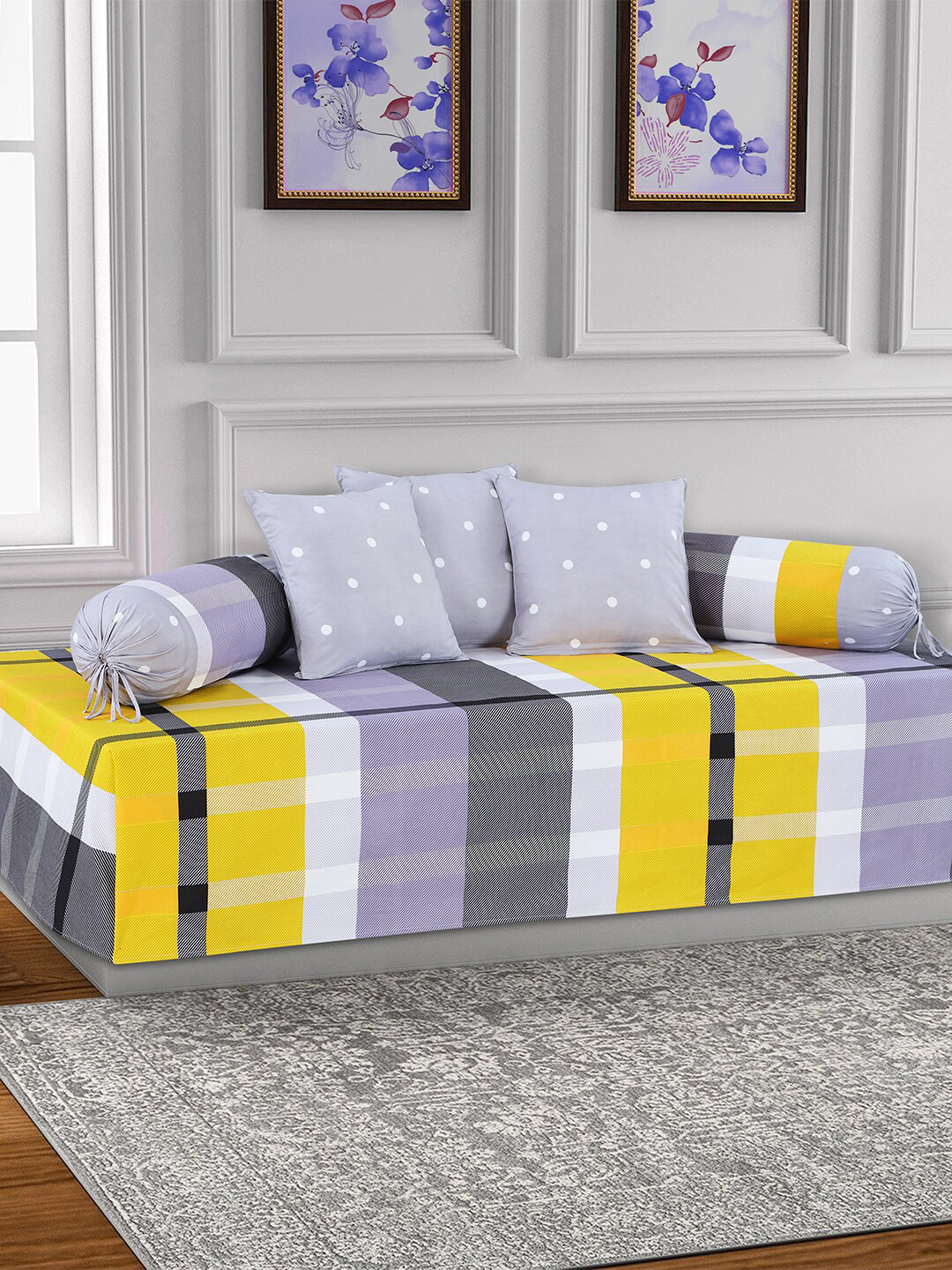

Salona Bichona Set Of 6 Grey & Yellow Printed 144 TC Single Bedsheet With Bolster & Cushion Covers