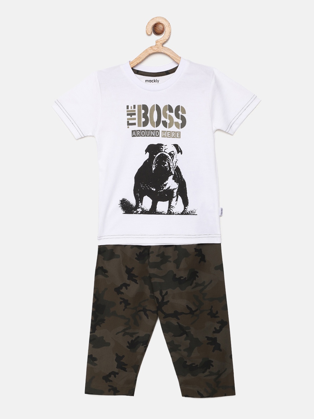 

mackly Boys White & Brown Printed Night Suit