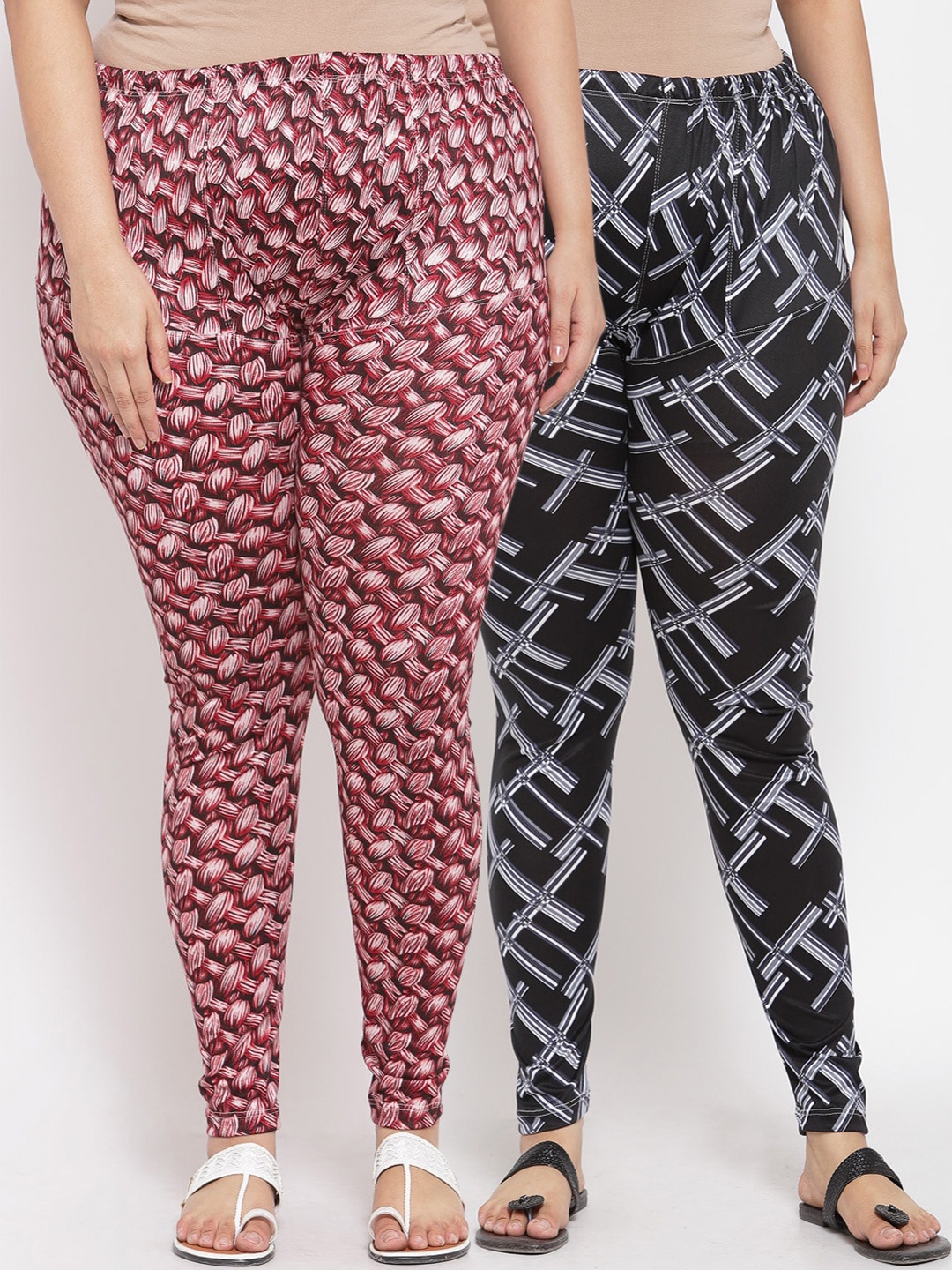 

KLOTTHE Women Pack Of 2 Maroon & Black Printed Ankle-Length Plus Size Leggings