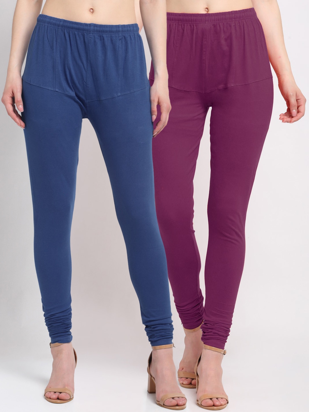 

KLOTTHE Women Pack Of 2 Solid Churidar-Length Cotton Leggings, Blue