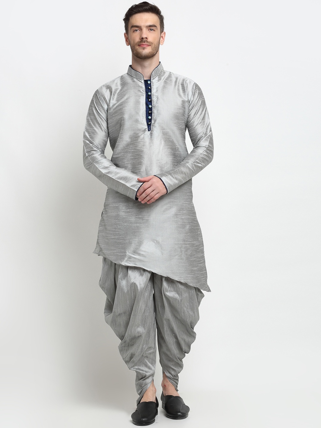 

Benstoke Men Silver Coloured Woven Design Dupion Silk Kurta with Dhoti Pants