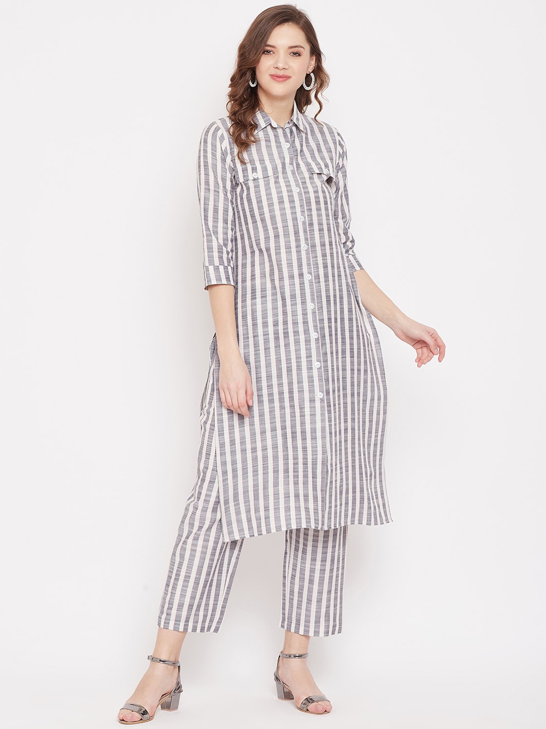 

PANIT Women White Striped Panelled Linen Kurta with Trousers