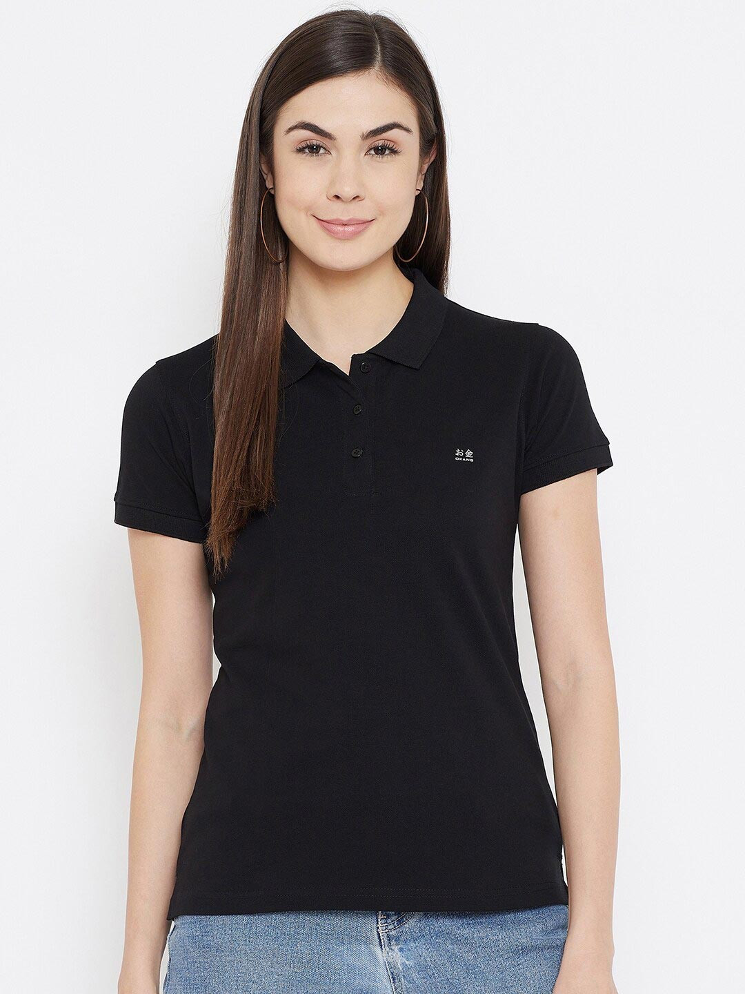

Okane Women Black Polo Collar T-shirt