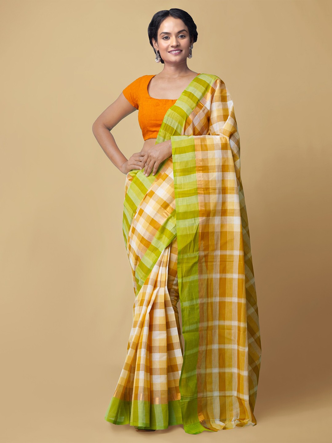 

Unnati Silks Yellow & White Checked Pure Cotton Mangalagiri Saree
