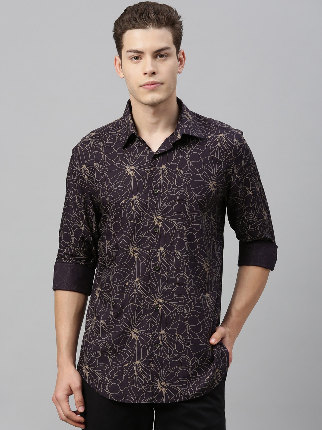 

RARE RABBIT Men Purple Tailored Fit Floral Printed Cotton Casual Shirt