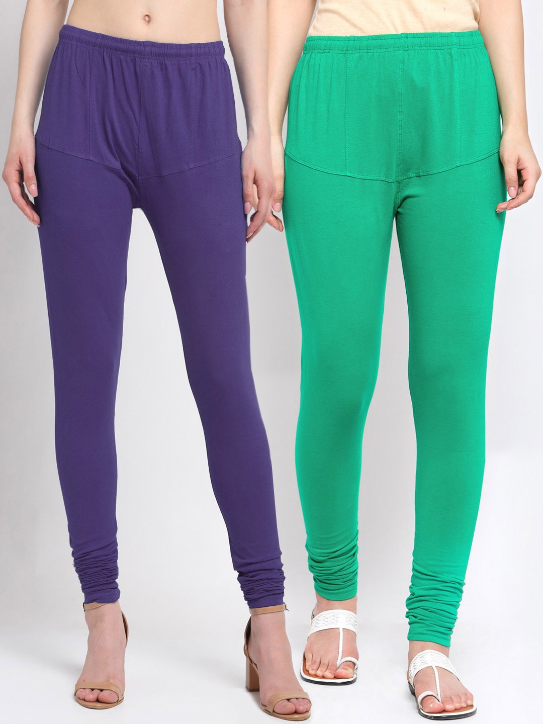 

KLOTTHE Women Pack Of 2 Purple & Green Solid Cotton Churidar-Length Leggings