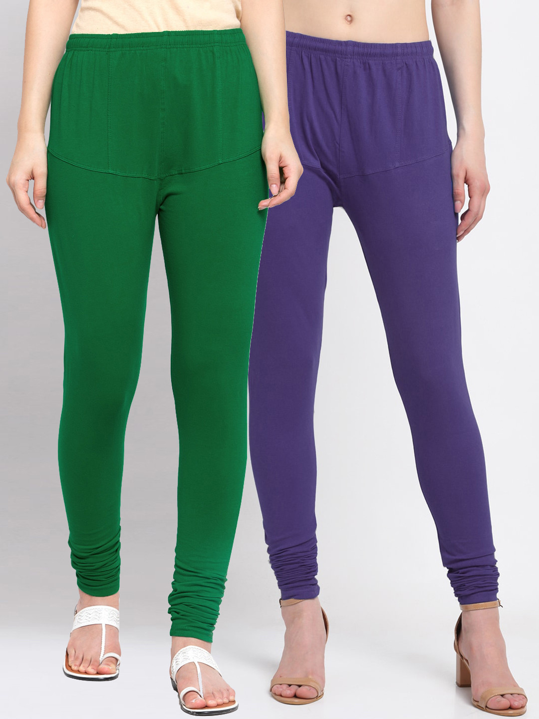 

KLOTTHE Women Pack Of 2 Green & Blue Solid Churidar-Length Cotton Leggings
