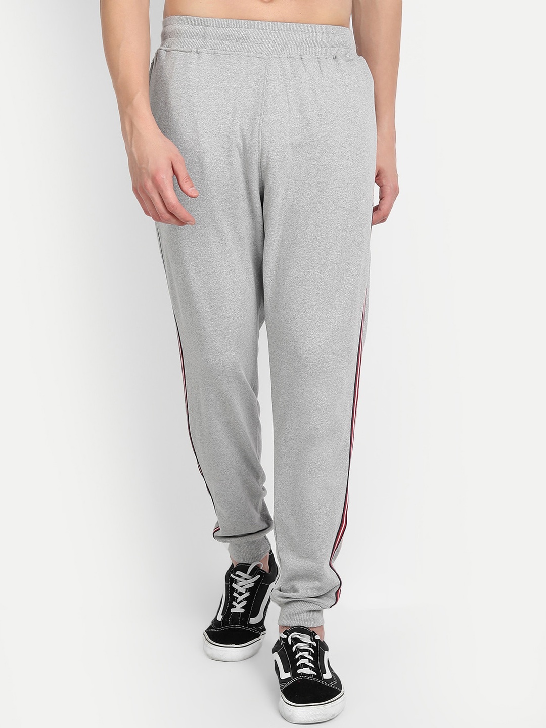 

BE AWARA Men Grey Melange & Red Solid Straight-Fit Cotton Joggers