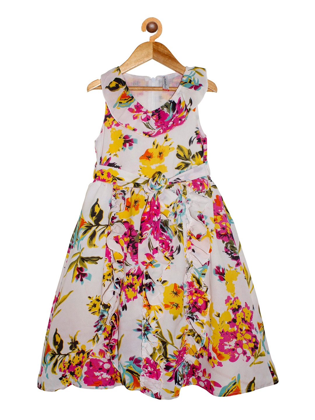 KiddoPanti Girls Off White Floral Georgette Maxi Dress