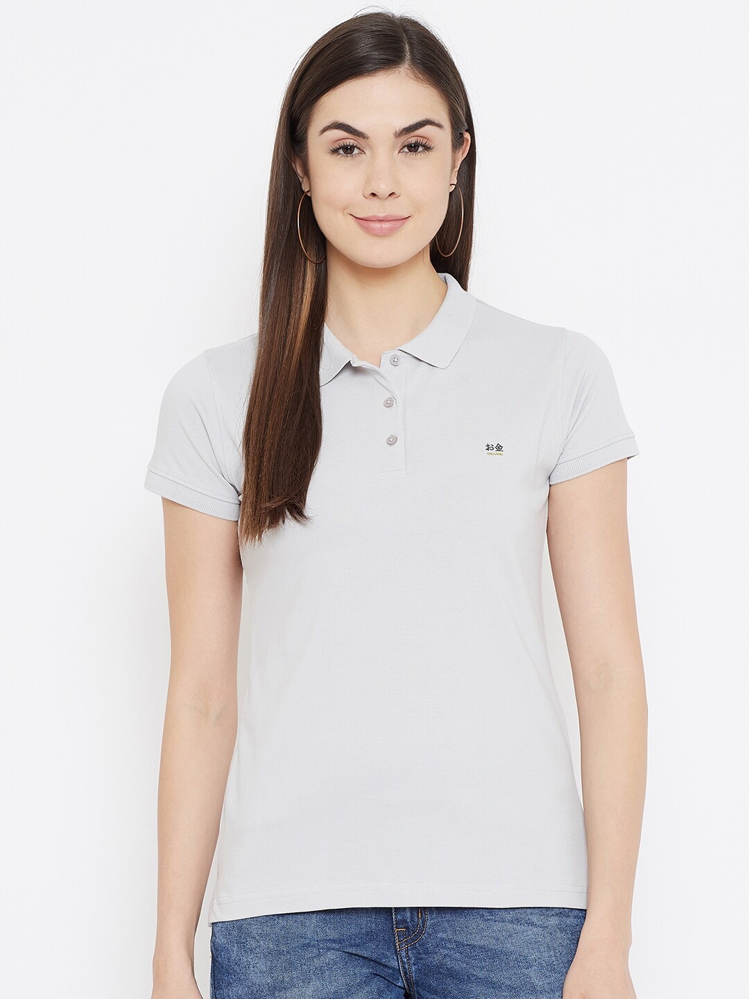 

Okane Women Grey Polo Collar T-shirt