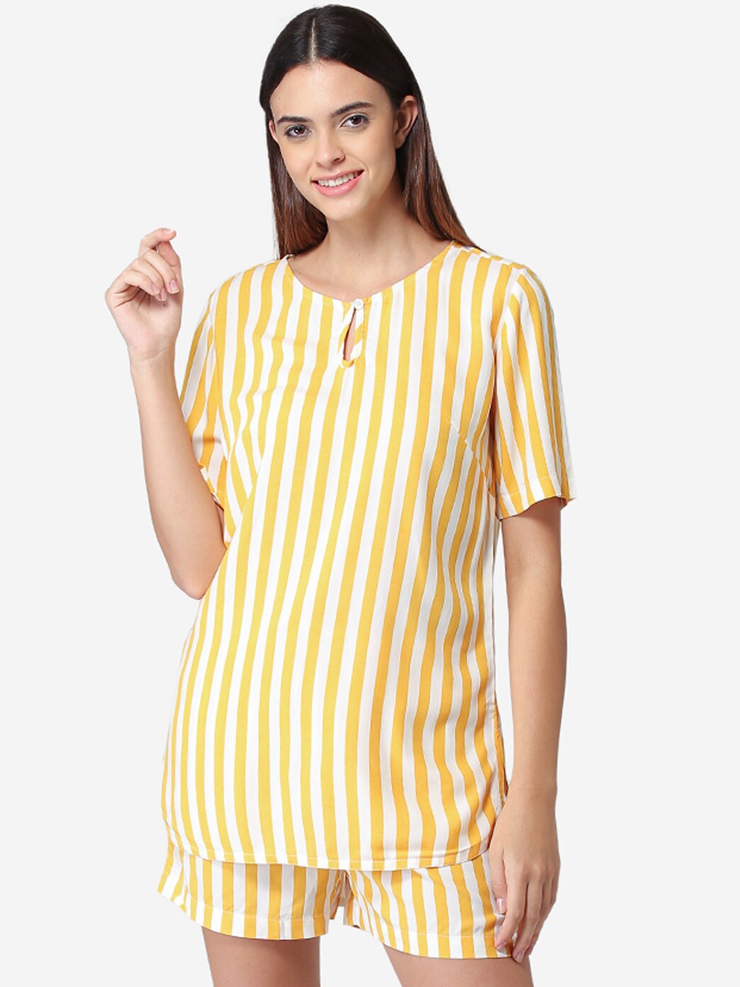 

Fluffalump Women Yellow & White Striped Night suit