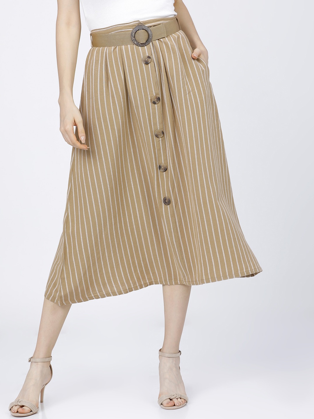 

Tokyo Talkies Women Khaki & Cream-Coloured Striped Midi Length A-Line Skirt with Belt