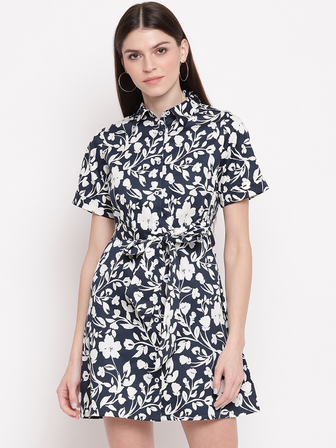 

Sandy and Ritz Women Navy Blue & Off White, Floral, Cotton, Shirt Dress