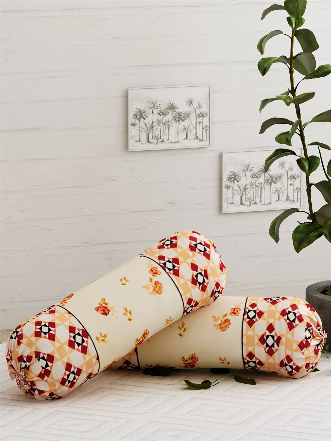 

Salona Bichona Set Of 2 Beige & Red Floral Printed 210 TC Pure Cotton Bolster Covers