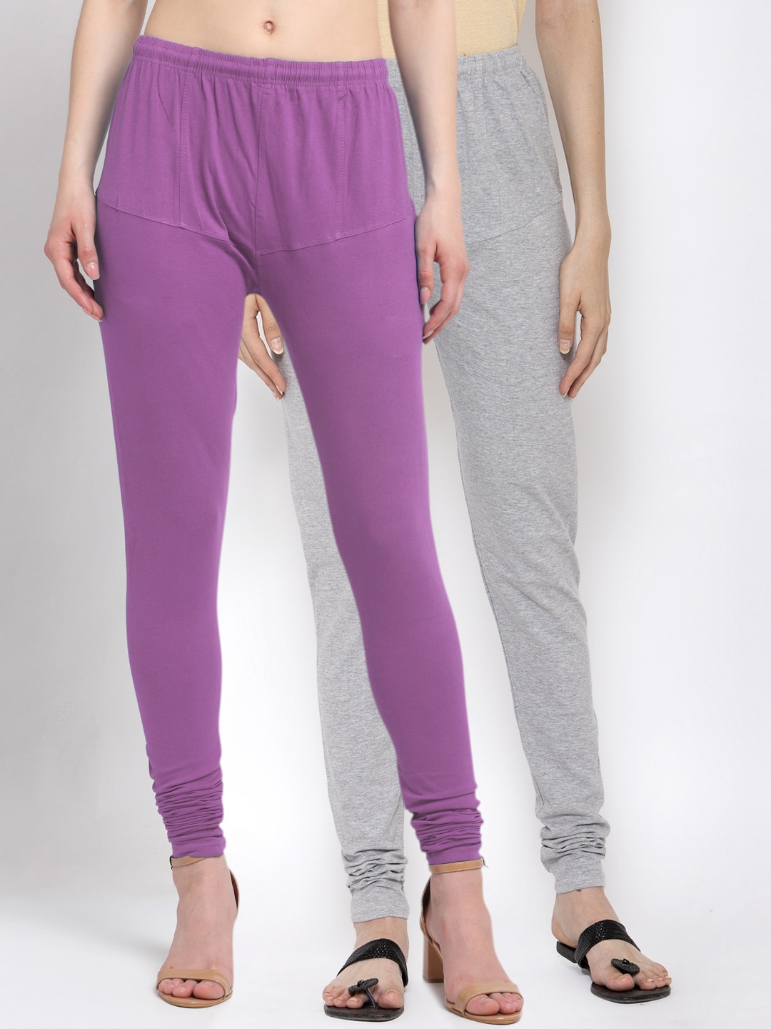 

KLOTTHE Women Pack of 2 Lavender-Coloured & Grey Solid Cotton Churidar-Length Leggings