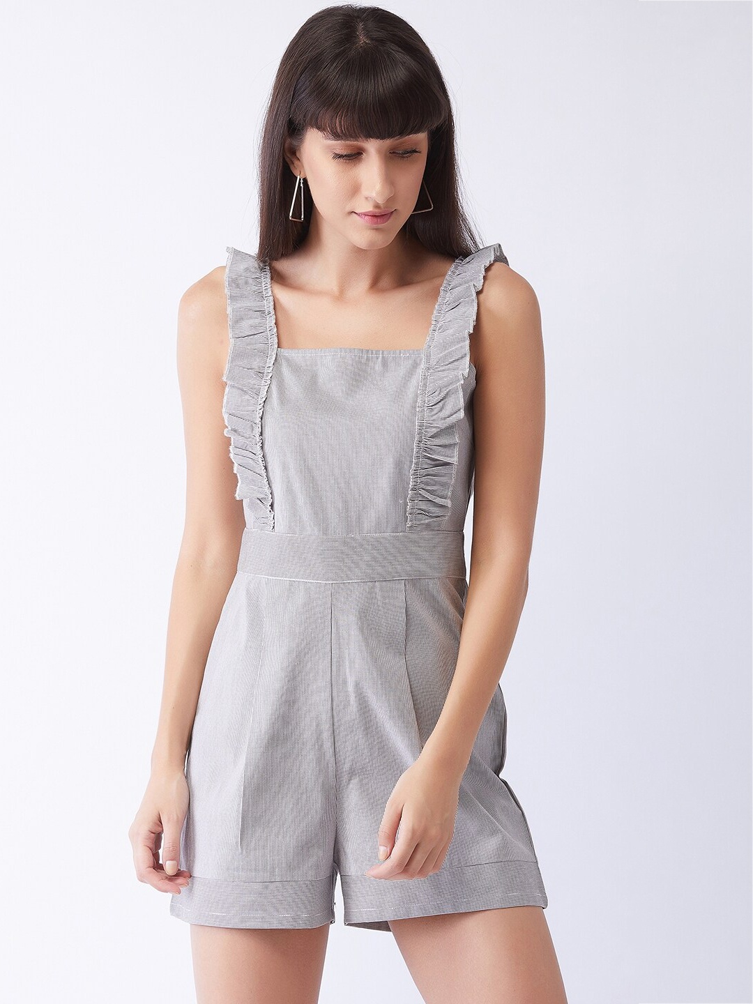 

MAGRE Women Grey Stripes with Ruffles Jumpsuit