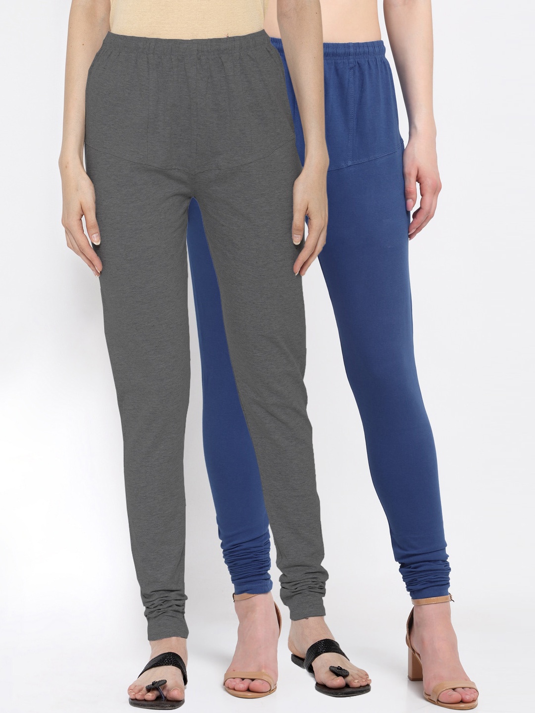 

KLOTTHE Women Pack Of 2 Solid Cotton Churidar-Length Leggings, Blue